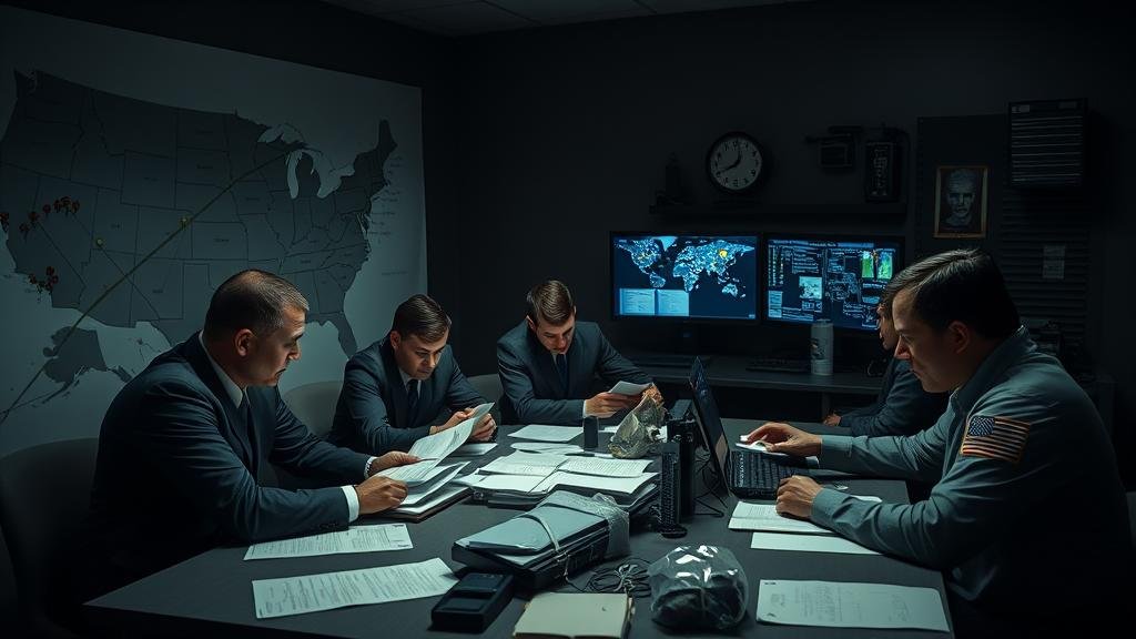 A team of FBI, DHS, and police detectives working in a dimly lit room, analyzing maps and digital evidence to track the suspect's movements.