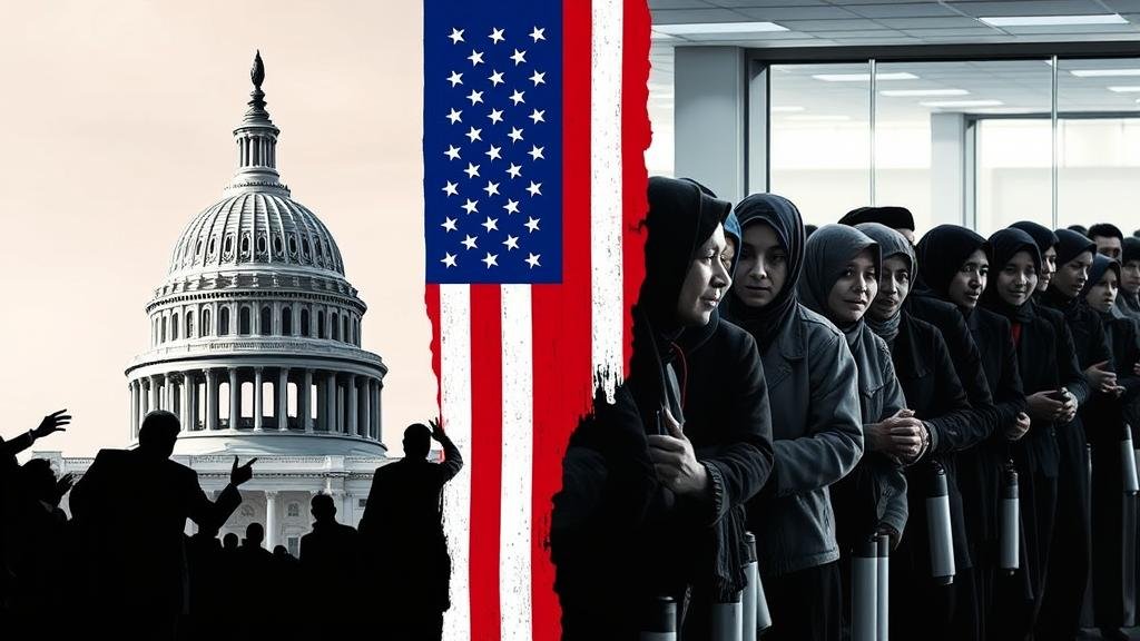 A split-panel image showing the U.S. Capitol with politicians debating on one side, and refugees at a screening process on the other, divided by an American flag.