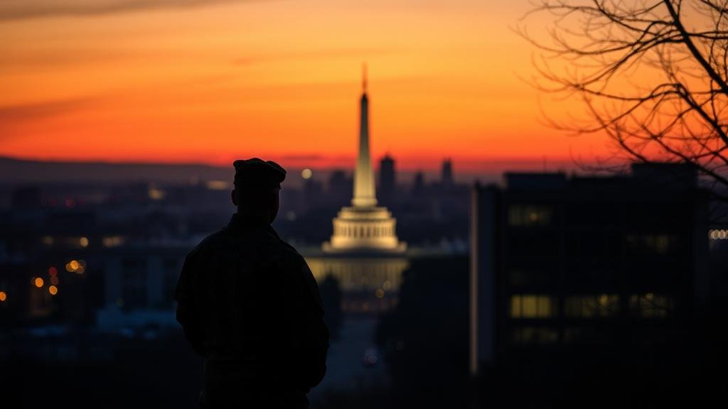 A lone National Guard member standing vigil at dawn in Washington D.C., with a faintly lit hospital window in the background, symbolizing a nation holding its breath.