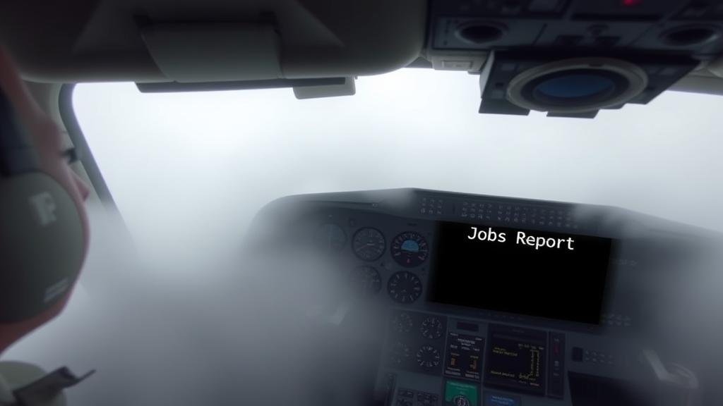 An airplane cockpit with the pilot flying through thick fog, and a major instrument panel labeled 'Jobs Report' is blacked out, illustrating the uncertainty the Fed is facing.