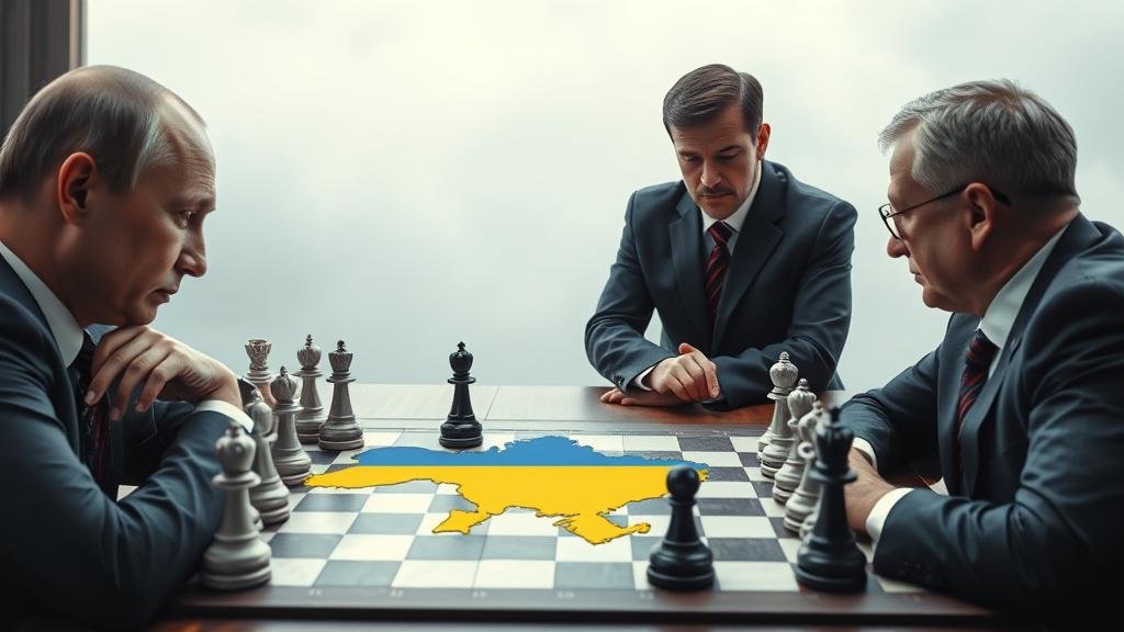 A metaphorical image depicting a high-stakes chess game. Russian President Putin is on one side, looking thoughtful and strategic. On the other side, Ukrainian President Zelenskiy and a representative from the United States are observing the board, which is a map of Ukraine. The scene should convey intense strategic thinking and caution.