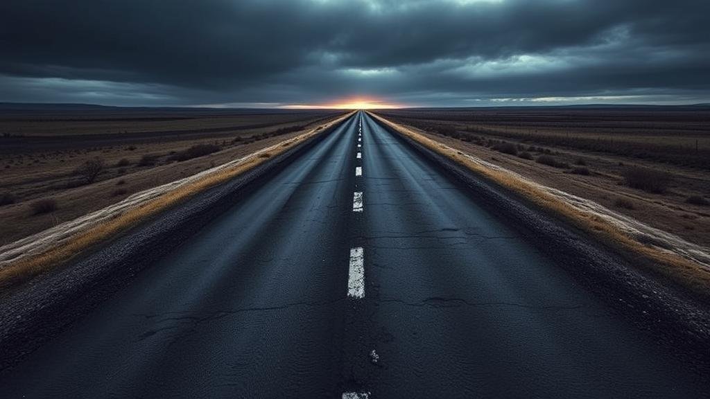 A dramatic landscape showing a long, winding, and difficult road full of potholes and obstacles, stretching towards a distant, faintly glowing horizon that symbolizes peace. The image should represent the challenging and uncertain 'road ahead' to a lasting peace deal in the Russia-Ukraine war, mixing a sense of struggle with cautious optimism.