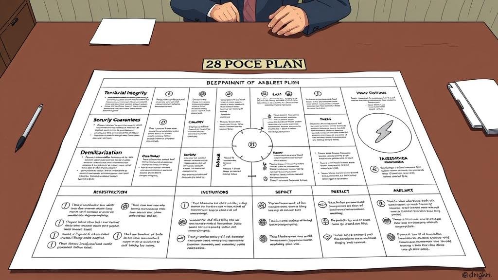 A detailed infographic-style illustration of a 28-point peace plan. The blueprint is laid out on a table, with sections for 'Territorial Integrity,' 'Security Guarantees,' 'Demilitarization,' and 'Economic Reconstruction,' each accompanied by a symbolic icon. The overall tone should be structured and analytical.