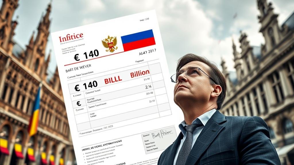 A photo-realistic image of a concerned politician, representing Bart De Wever, standing in front of the Grand-Place in Brussels. He is looking up at a giant, looming, official-looking invoice stamped with '€140 Billion Due' and a Russian emblem, symbolizing the potential doomsday financial scenario for Belgium.