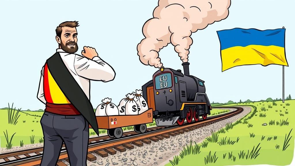 A stylized illustration of a cautious man wearing a sash in the colors of the Belgian flag, putting the brakes on a speeding train labeled 'EU' that is carrying bags of money towards a hopeful Ukrainian flag in the distance.