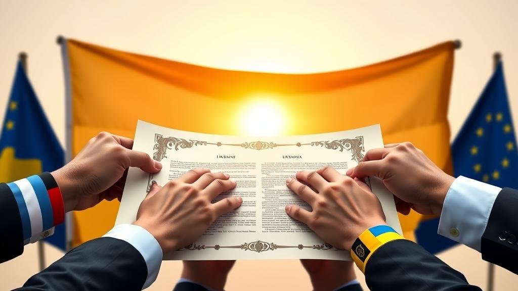 A symbolic and powerful image of several hands, each with a wristband showing a flag of a G7 or EU nation, coming together to co-sign a large, ornate legal document. In the background, the sun is rising behind a Ukrainian flag, representing hope and a secure resolution.