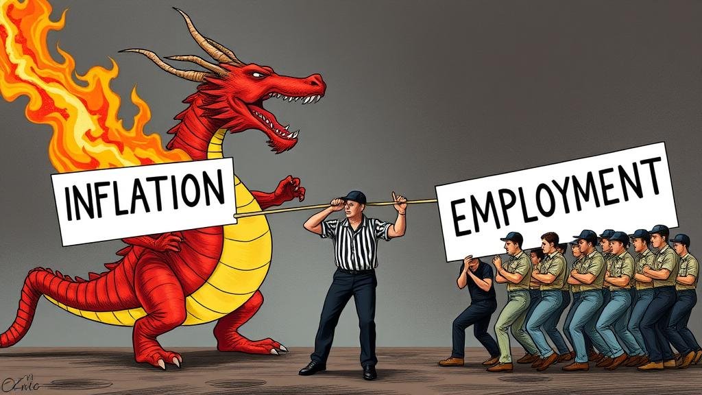 A dramatic tug-of-war between a fiery dragon labeled INFLATION and a group of workers labeled EMPLOYMENT, with a referee in the middle representing the Federal Reserve.
