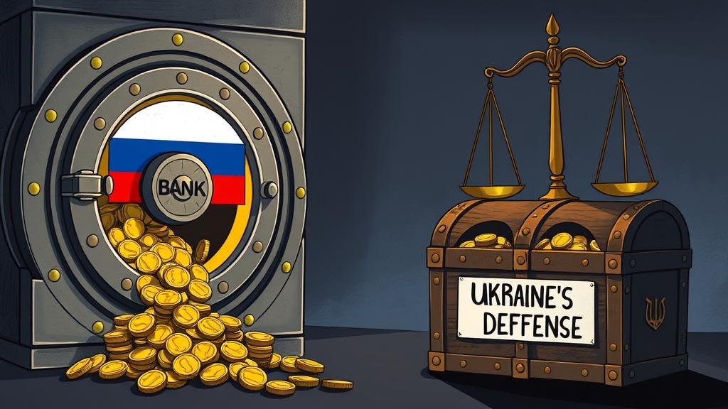 A dramatic illustration of a secure bank vault with a Russian flag on it. Golden coins, representing profits, are being funneled out of a side pipe from the vault and directed into a large chest labeled 'Ukraine's Defense.' In the background, shadowy legal scales of justice are tipped precariously, symbolizing the legal risk.