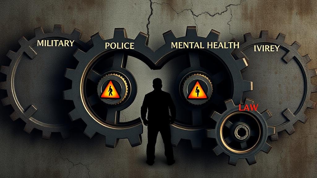 A symbolic representation of systemic failure. Four large, disconnected gears, labeled 'Military,' 'Police,' 'Mental Health,' and 'Law,' are shown with visible cracks and rust. Warning symbols glow on each gear, but they fail to connect and work together, allowing a shadowy figure to pass through the gaps.