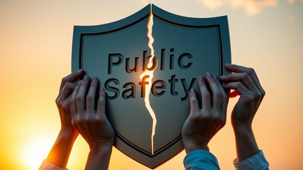 A tranquil, picturesque street in a small New England town is visually split. One side depicts the peaceful town, while the other side is dark and somber, with the glow of police lights and yellow caution tape, representing the sudden and horrific intrusion of violence.