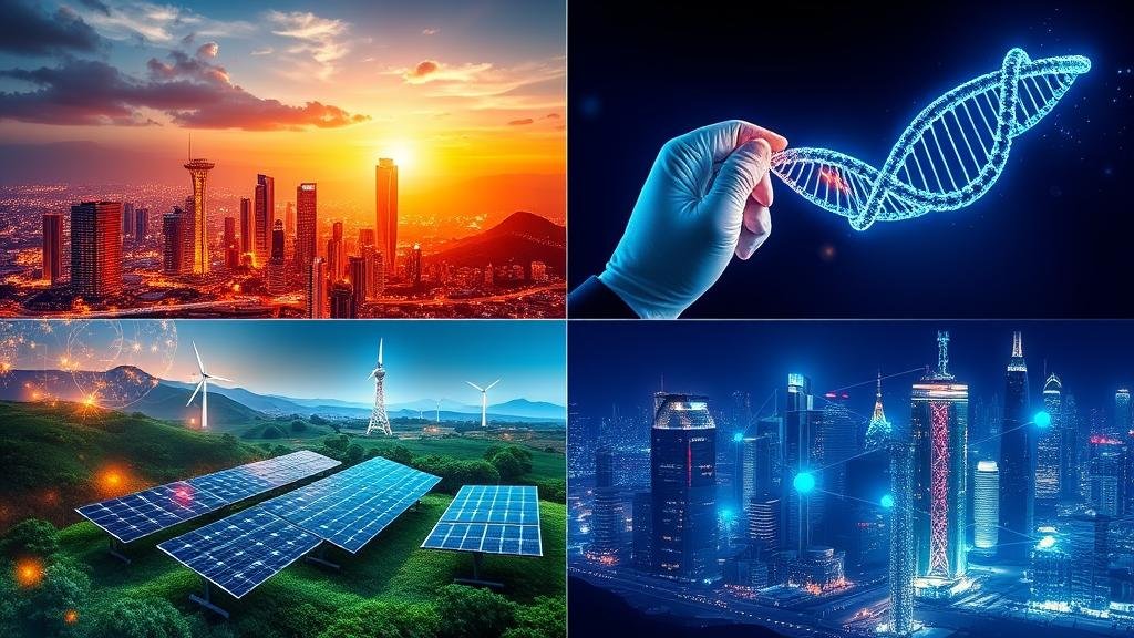 A dynamic, high-tech montage showcasing China's lead in AI, Biotechnology, Renewable Energy, and Telecommunications.
