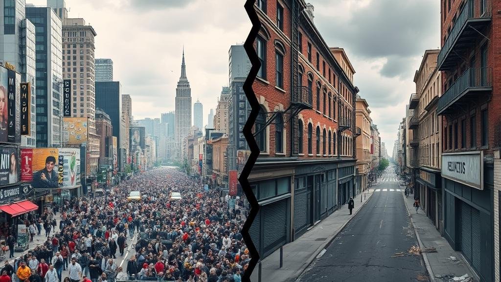 A split image showing a vibrant cityscape next to the same city desolate and in ruin, representing economic collapse.