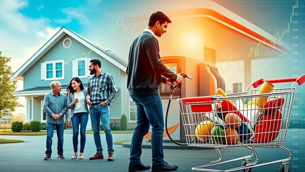 A composite image illustrating the real-world impact of the CME Group. It shows a family standing happily in front of their new home, a person fueling their car at a gas station, and a shopping cart filled with groceries. In the background, subtly integrated financial charts and ticker tapes connect these everyday scenes to the stability provided by the futures market.