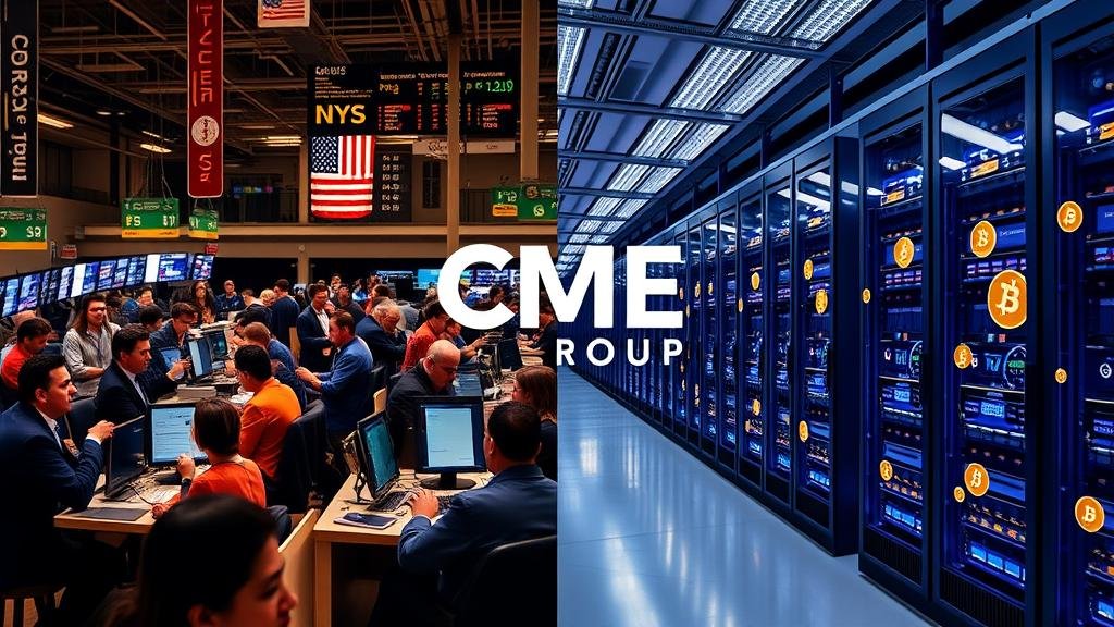 A split image showing the evolution of the CME Group. On one side, a vintage scene of a bustling, open-outcry trading floor with traders in colorful jackets. On the other side, a sleek, modern data center with glowing servers and digital cryptocurrency symbols, representing the shift to digital and diverse assets.
