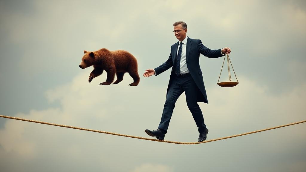 A powerful, shadowy figure of a man in a suit standing slightly behind a more prominent world leader, symbolizing a powerful chief of staff. The setting is a grand, official-looking room, possibly with Ukrainian flags in the background. The mood is serious and tense.