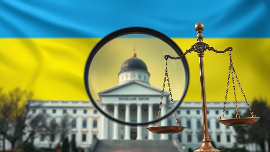A magnifying glass hovering over a government building in Ukraine, with the scales of justice prominently in the foreground. This image represents the investigation by anti-corruption agencies NABU and SAPO into high-level officials.