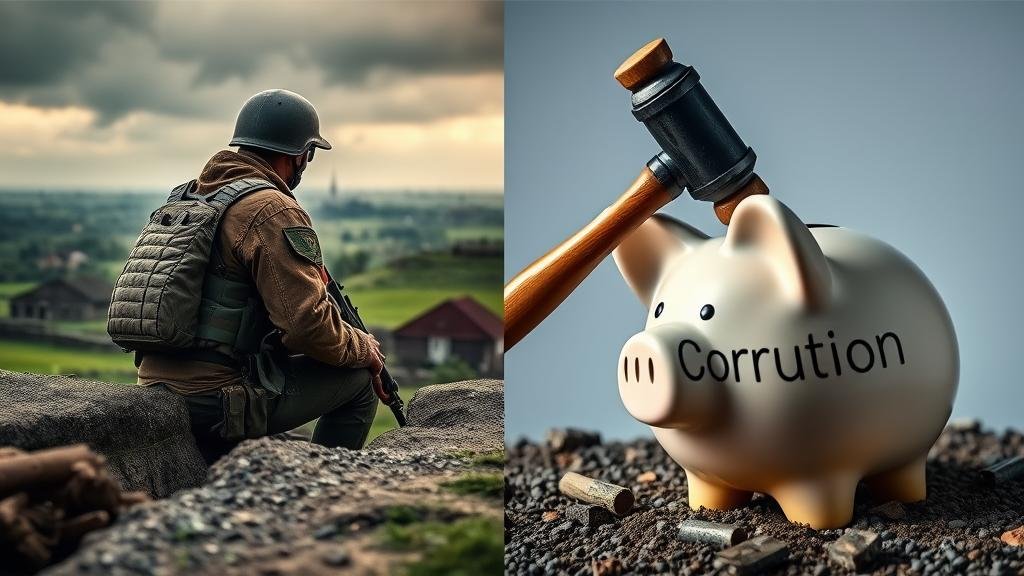 A split image: on one side, a Ukrainian soldier in a trench looking towards a battlefield. On the other side, a gavel smashing a piggy bank with the word 'Corruption' on it. This represents Ukraine's two-front war against Russian aggression and internal corruption.