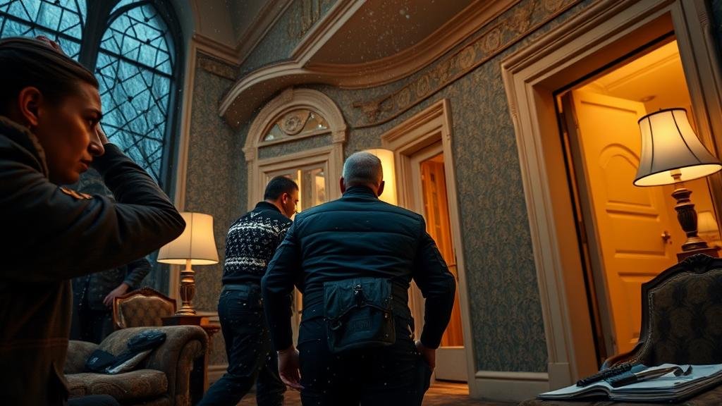 A dramatic, cinematic shot of a political bombshell in Kyiv, with Ukrainian anti-corruption authorities raiding the home of a high-ranking official.