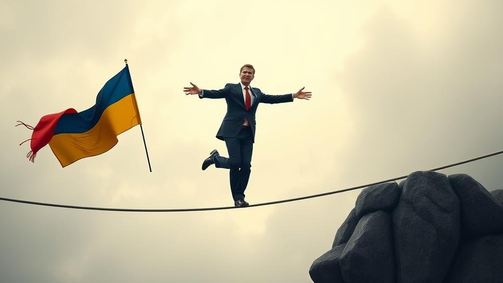 A tense, symbolic image of President Zelenskyy on a tightrope, balancing loyalty with the rule of law.