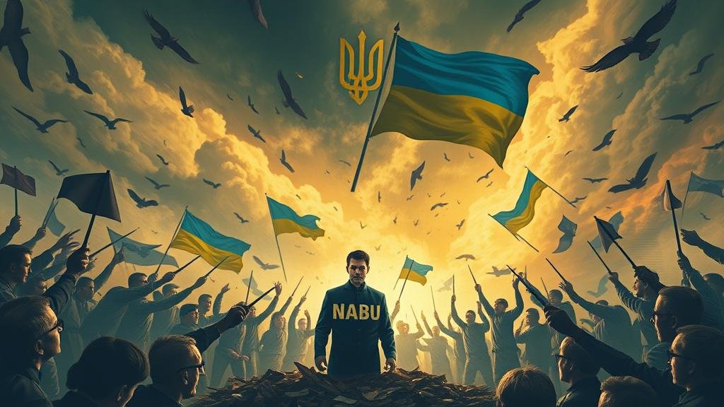 An allegorical image representing Ukraine's intense battle against corruption, with the National Anti-Corruption Bureau (NABU) as a central figure.