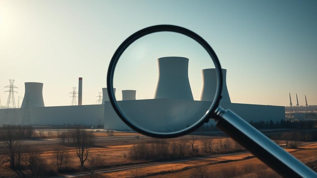 A stark image of a Ukrainian nuclear power plant, with long shadows and a magnifying glass overlaid, symbolizing the corruption investigation into Energoatom.