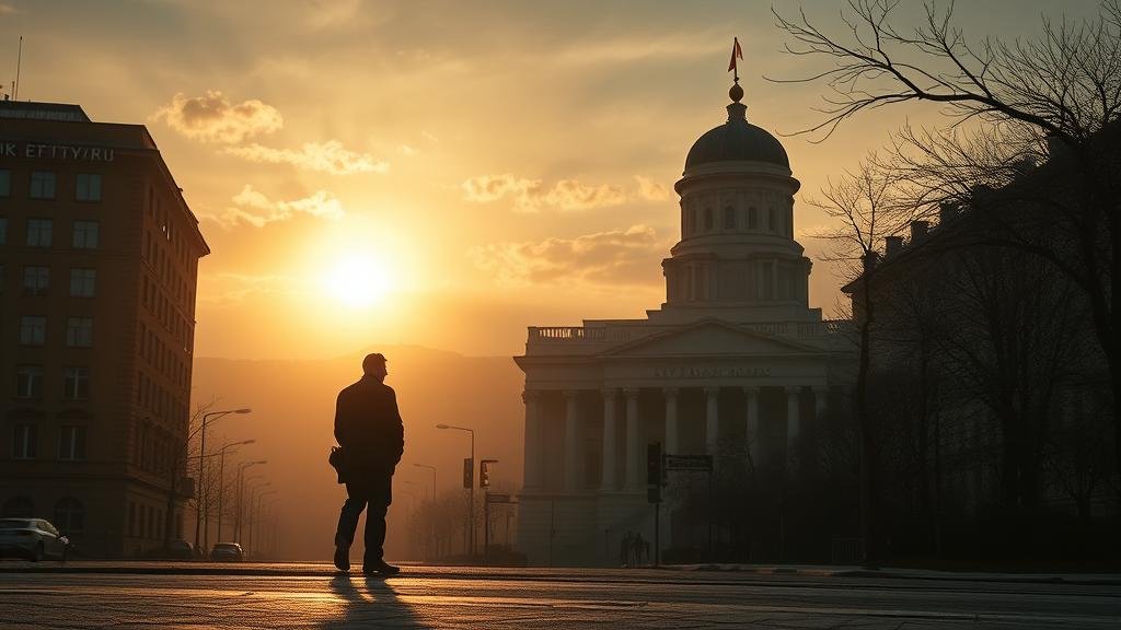 A tense, dramatic scene of early morning light over Kyiv's government district, with the silhouette of a lone investigator approaching a prominent building, suggesting a high-stakes political probe.