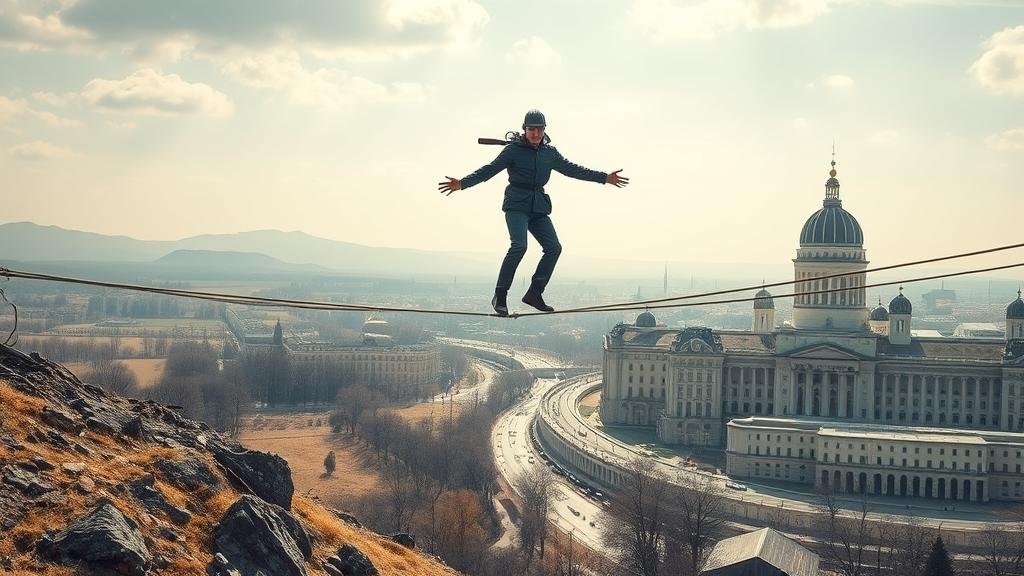 A symbolic image of a tightrope walker, representing Ukraine, carefully balancing on a wire between a war-torn landscape and a shining, modern city.