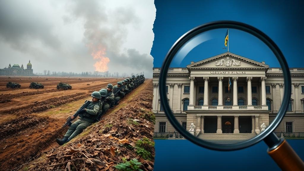 A powerful split-screen image. On one side, soldiers are in a trench on a battlefield. On the other side, a government building is under a magnifying glass, symbolizing Ukraine's two-front war.