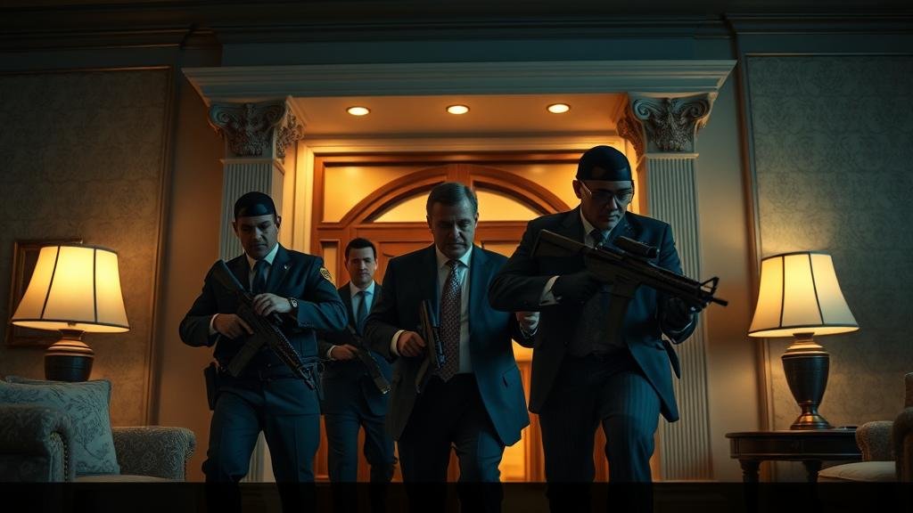 A dramatic, cinematic shot of anti-corruption officers raiding the luxurious home of a high-ranking political advisor, suggesting a high-stakes investigation.