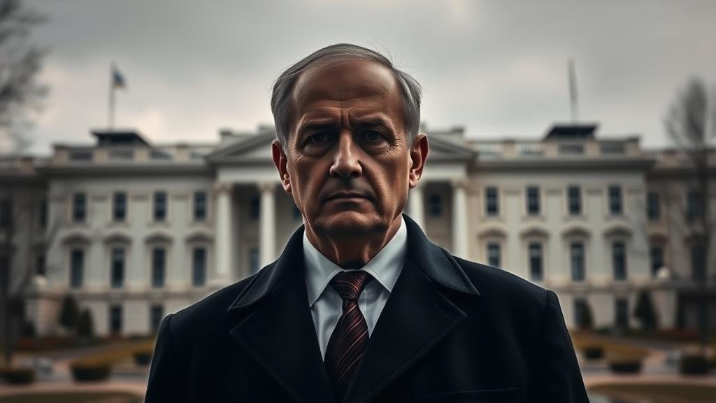 A powerful portrait of a political figure, standing in the shadows with the Ukrainian presidential palace in the background, symbolizing his role as a key advisor.