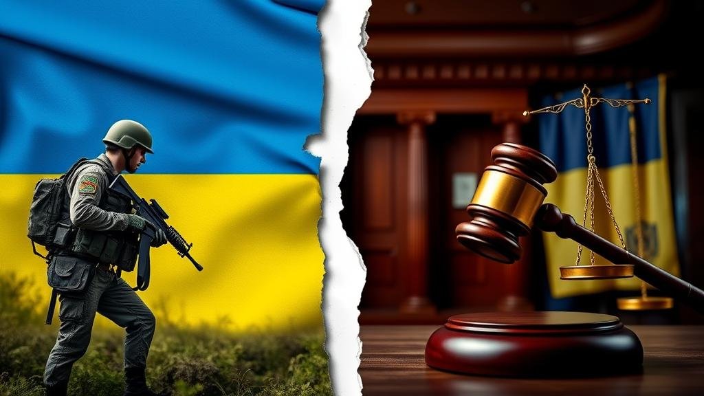 A symbolic image of a Ukrainian flag torn between a soldier on a battlefield on one side and a courtroom with a gavel striking down on a corruption symbol on the other, representing the nation's two-front war.