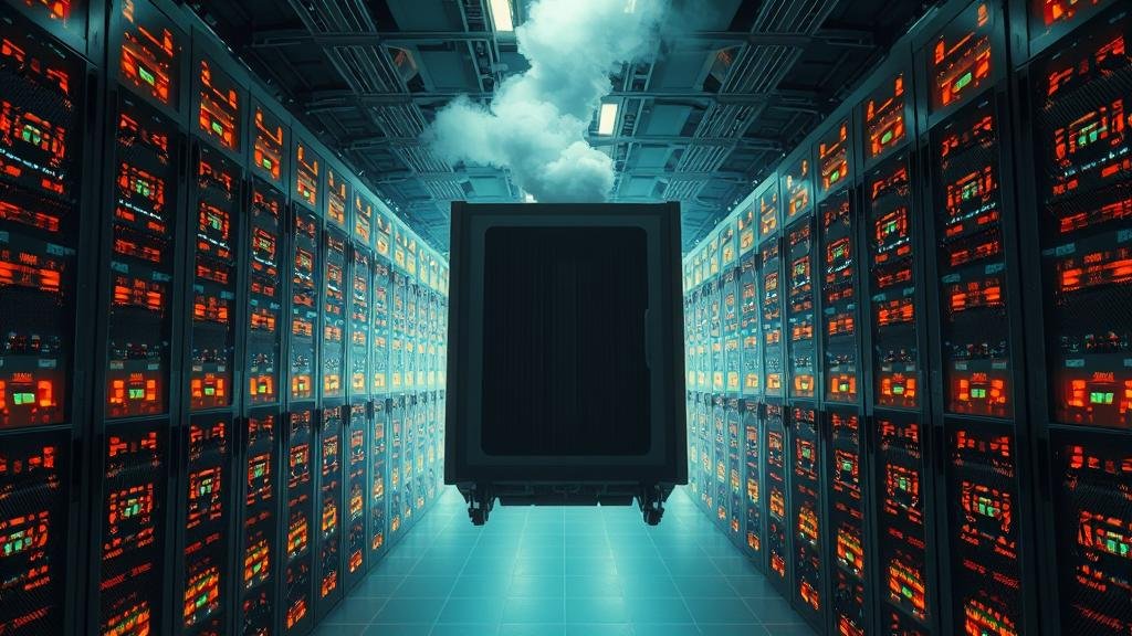 A massive, futuristic server room with an overheating, smoking air conditioning unit, symbolizing a single point of failure.