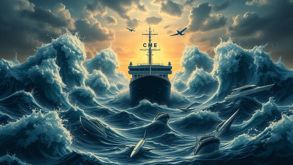 A large stalled ship named CME causing chaotic waves to crash against smaller boats representing airlines and farming, symbolizing widespread disruption.
