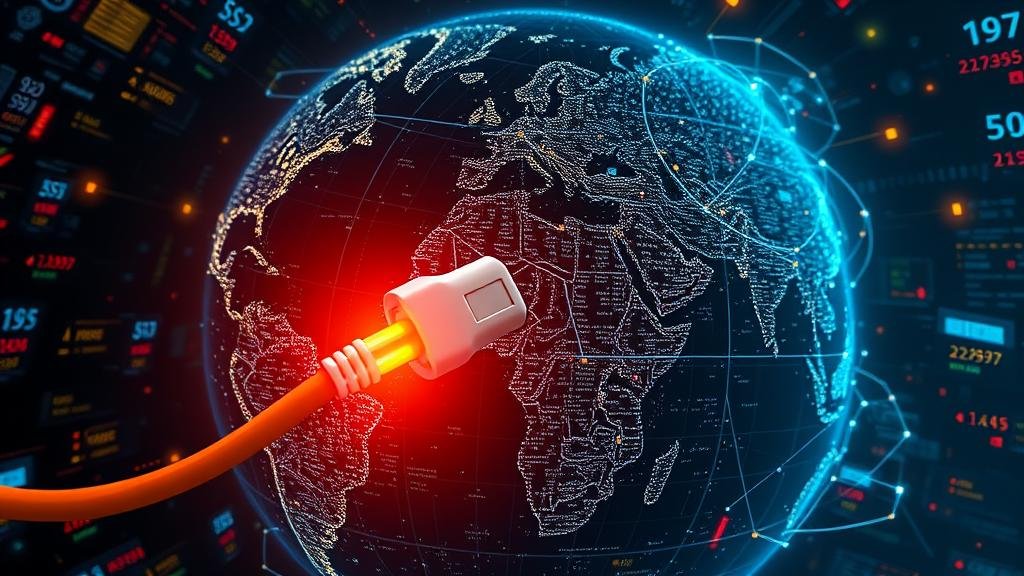 The globe as a network of financial data streams with a power plug being pulled from Chicago, causing a global market outage.
