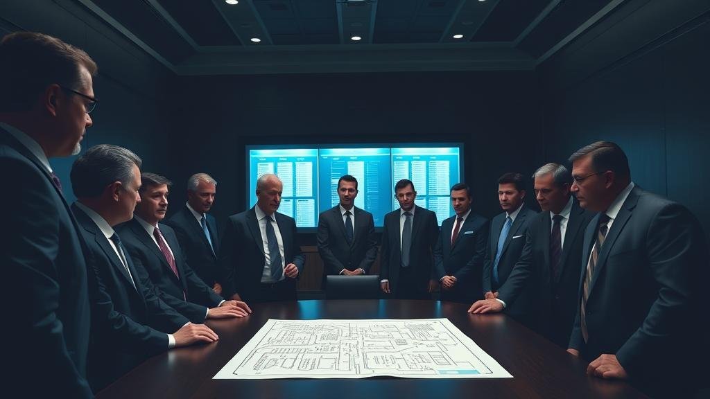 Executives in a boardroom looking intently at a blueprint for a robust data center cooling and backup power system.