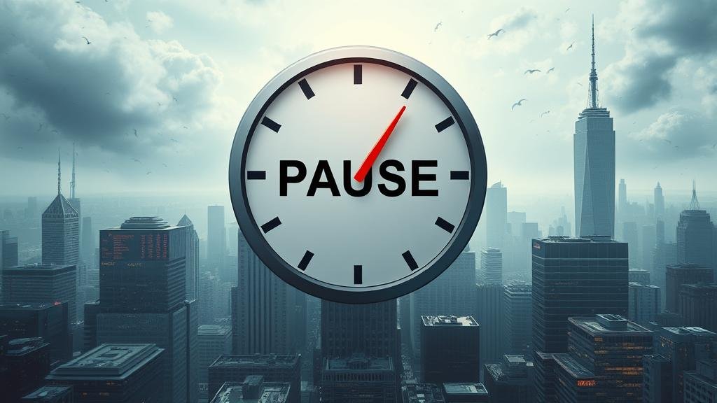 A dramatic depiction of the global financial system as a machine grinding to a halt, with stock tickers freezing and traders reacting in panic and confusion.