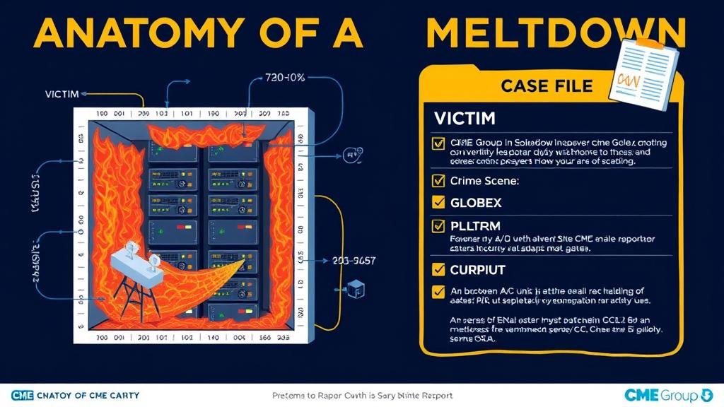 An infographic-style illustration titled 'Anatomy of a Meltdown.' It shows a cutaway view of a data center with overheating servers, with callouts for the 'Victim,' 'Crime Scene,' and 'Culprit.'