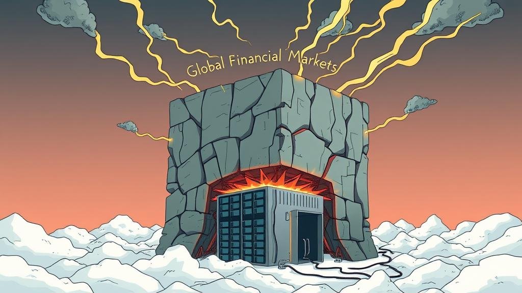 An illustration showing the 'Achilles' Heel' of the financial system, depicting a colossal, powerful structure labeled 'Global Financial Markets' resting on a single, fragile, and overheating data center.