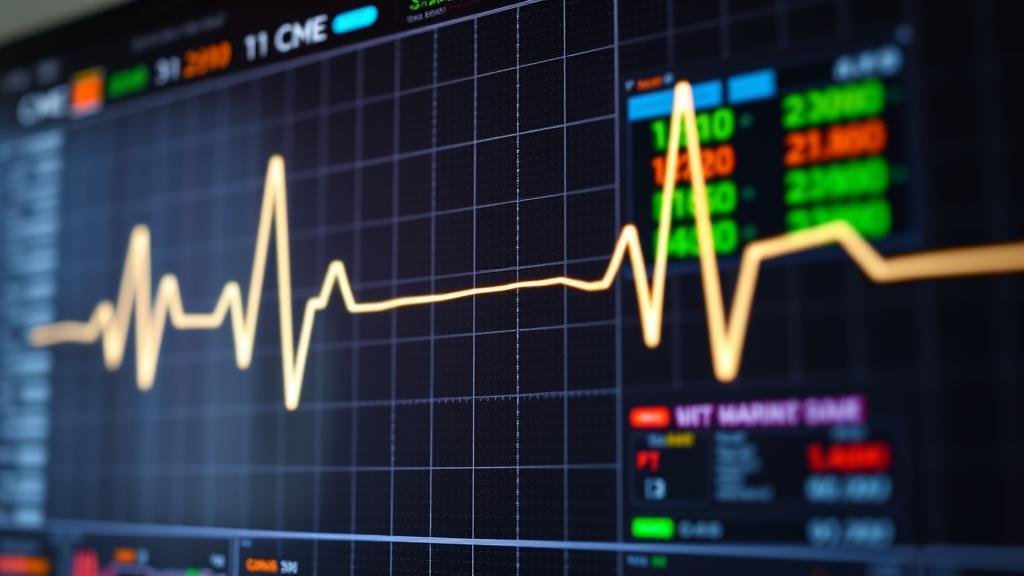 A high-tech digital heartbeat monitor flatlines, symbolizing the sudden and dramatic CME trading outage that brought the global derivatives market to a standstill.