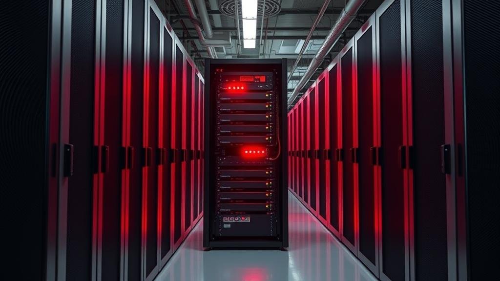 A single server rack in a vast modern data center glowing red with an overheating warning illustrating the physical point of failure that triggered the financial disruption.