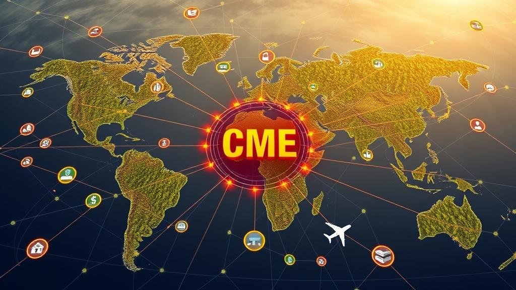 An intricate web of global commerce showing farmers airlines and pension funds connected to a central financial hub representing the critical role of the CME.