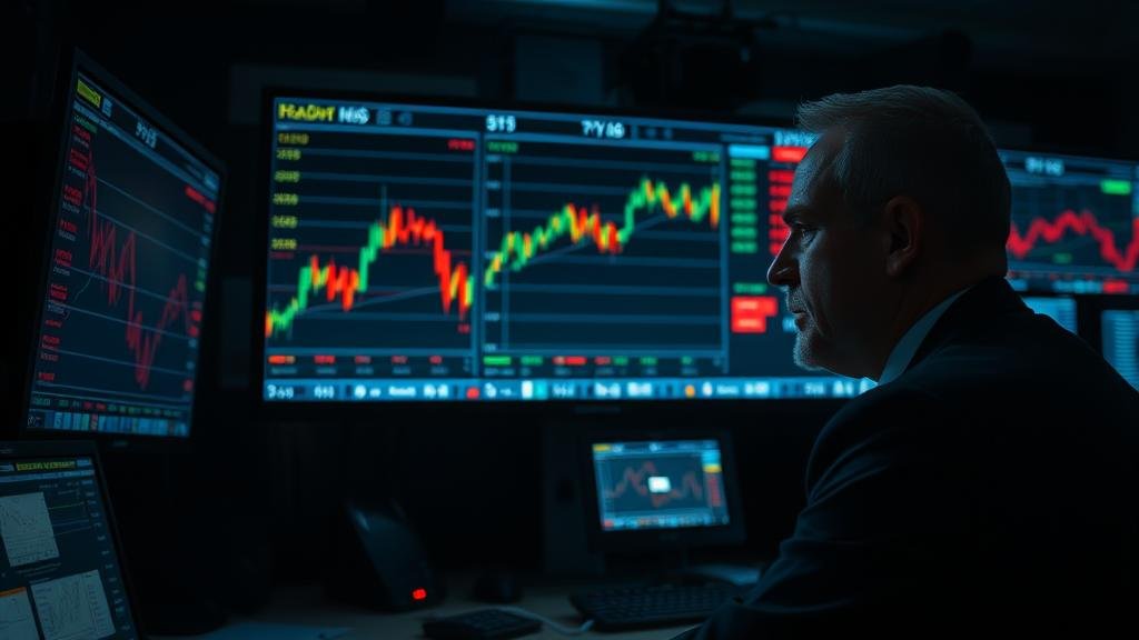 A dramatic, cinematic shot of a Wall Street trader's screen, displaying plummeting stock charts, suddenly glitching and going dark in a high-tech, dark trading room. The trader looks on in shock, capturing the 'heist movie' moment of a sudden system failure.