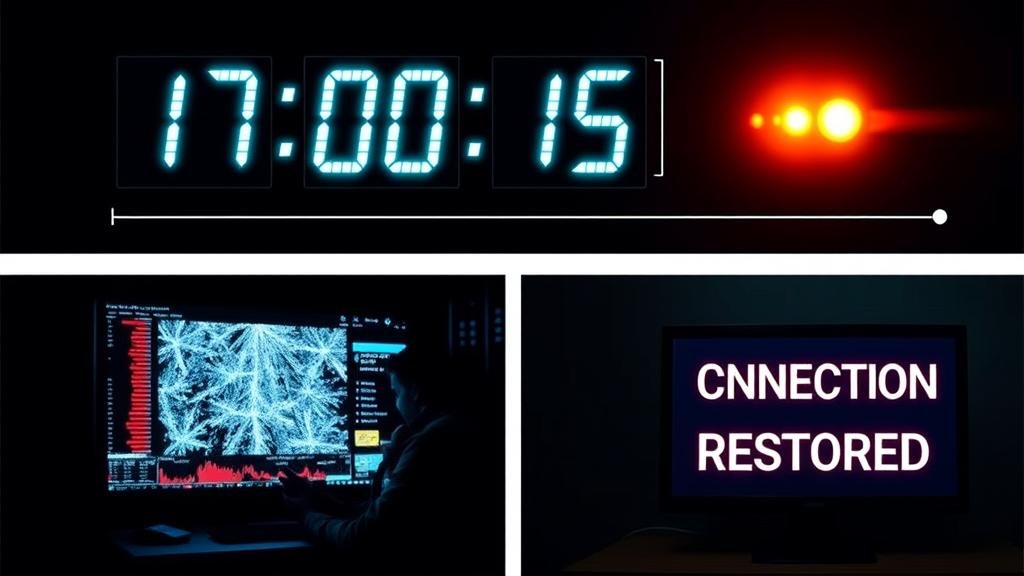 A split-panel image illustrating a timeline of a 10-hour financial market outage, showing frozen tickers and frustrated traders.