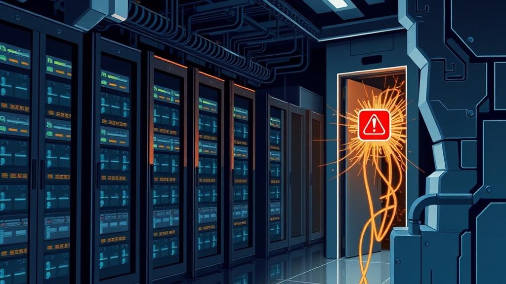 Cutaway view of a high-tech data center with a sparking server rack, symbolizing a critical system fault.
