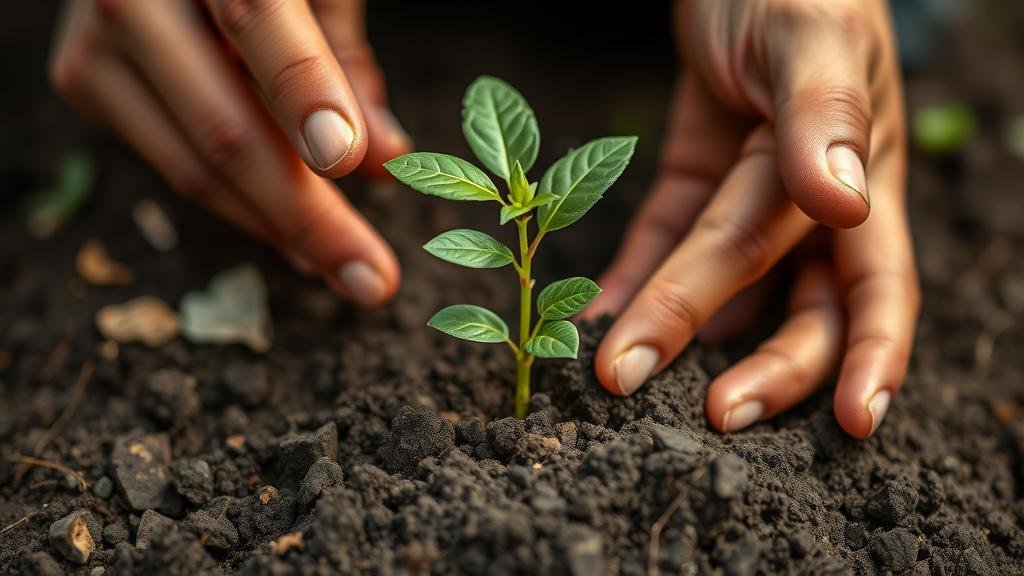 Hands carefully planting a young green seedling in rich soil.