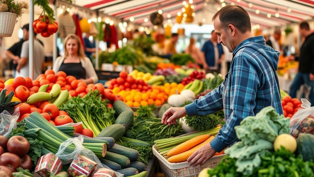 A person choosing fresh vegetables at a colorful local farmers market.