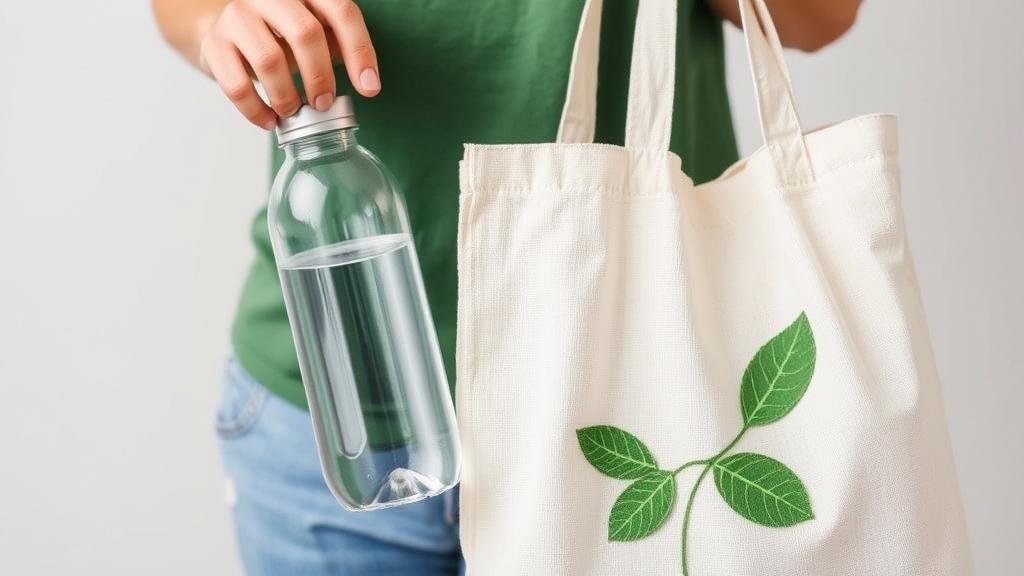 A person holding a reusable water bottle and a cloth bag, ready for sustainable shopping.