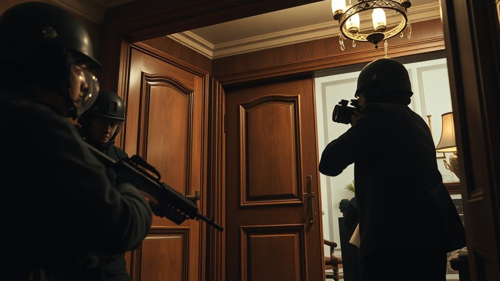 A dramatic, cinematic shot of anti-corruption agents raiding the home of a high-ranking political figure, conveying a sense of tension and high stakes.