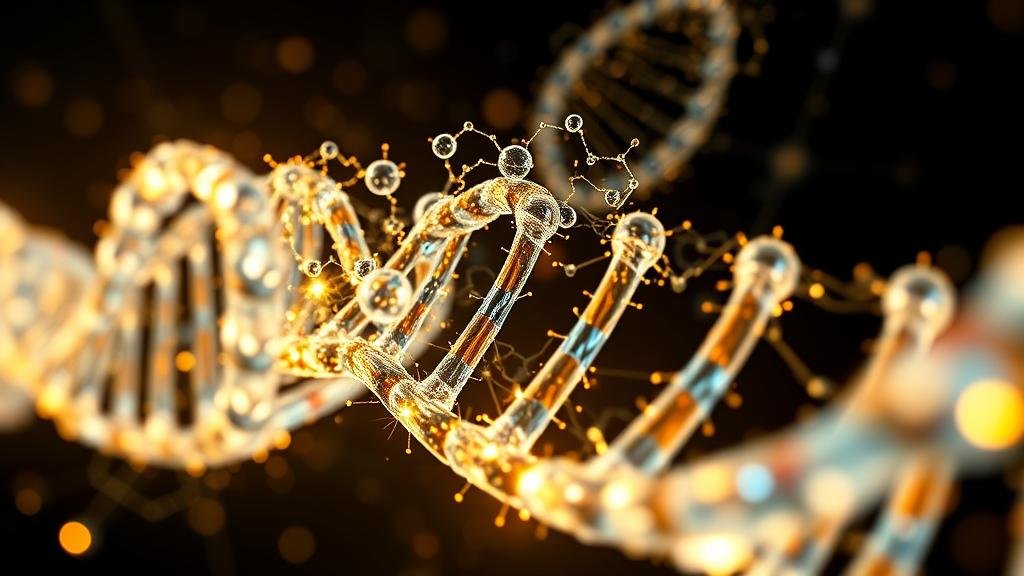 A visually striking image of a complex, glowing DNA helix or a molecule being analyzed by a quantum computer. The quantum computer is represented by an intricate network of light, symbolizing its power to solve complex problems in drug discovery and materials science.