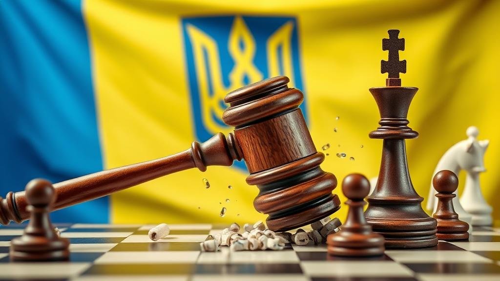 A political explosion in Ukraine, with the Ukrainian flag in the background, a gavel representing the anti-corruption bureau, and a key political figure being removed from a chessboard.